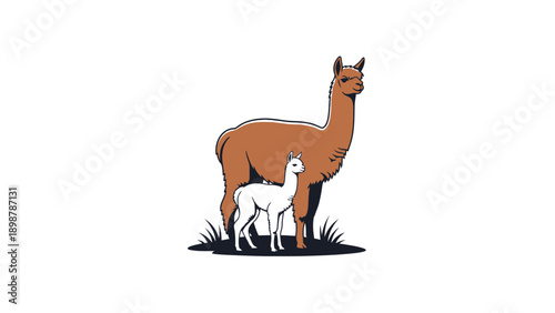 A commercial vector silhouette of an alpaca and cria, grazing peacefully in the Chilean Andes