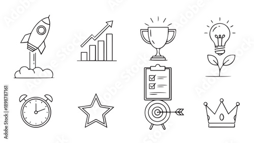 Collection of achievement and success icons featuring rocket, trophy, crown, lightbulb and stopwatch.