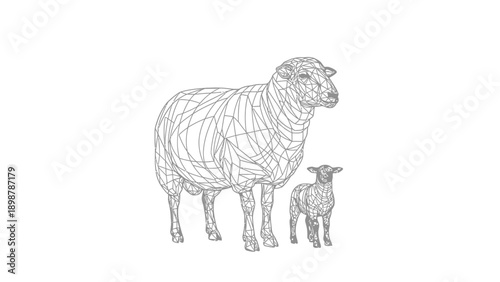 A Dynamic Wireframe Vector of Merino Sheep and Lamb from Australian Pastures