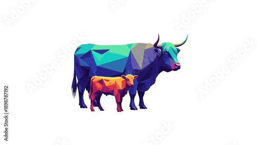 A Geometric Tessellation Silhouette of Highland Cattle Mother and Calf with Bold Colors
