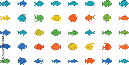 Vibrant fish in various colors swim together in dynamic pattern