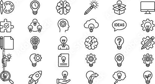 Creativity icons, innovation symbols, idea generation, brainstorming, design thinking, light bulb, puzzle, computer, rocket, imagination, problem solving, inspiration