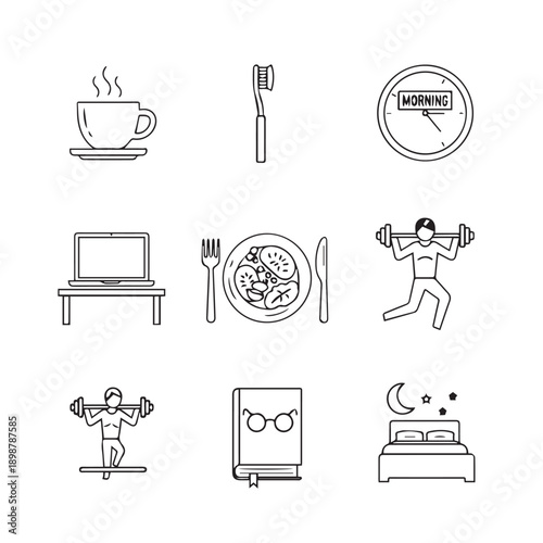 Morning Routine and Daily Activities: Coffee, Food, Desk Work, Exercise, Sleep and Self-Care Icons.