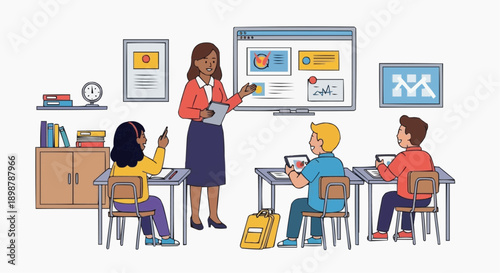 A teacher standing in front of a classroom with students at their desks