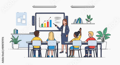 A teacher presenting a colorful bar graph to a group of students in a classroom