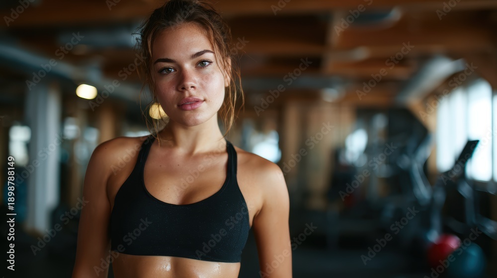 Fototapeta premium A focused athlete stands confidently in a black sports bra, showcasing strength and determination in a gym environment, embodying health, fitness, and personal achievement.