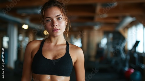 Free Download A focused athlete stands confidently in a black sports bra, showcasing strength and determination in a gym environment, embodying health, fitness, and personal achievement. - GFXLoad