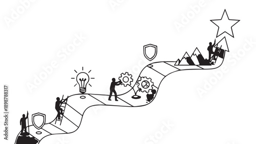 Illustrated journey of teamwork and progress toward goals.
