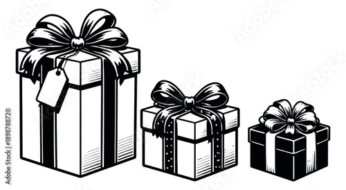 Hand drawn line art gift boxes set featuring three different sized gifts with decorative bows and one blank tag for celebrations and seasonal promotions