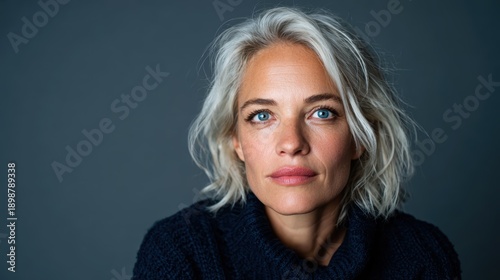 An elegant older woman with stunning grey hair poses confidently against a dark background, embodying beauty and wisdom with her captivating blue eyes and natural charisma.