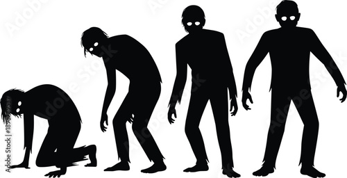 zombie silhouettes cad drawing flat vector illustration, undead evolution stages, horror monster poses, halloween apocalypse character set, dark creepy figures