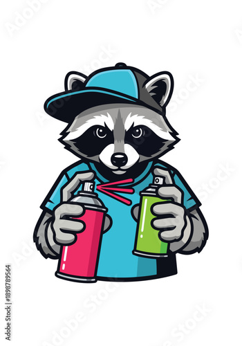Delivery raccoon holding drinks tray isolated white background

