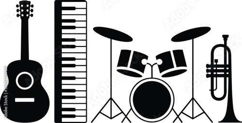 musical instrument icons silhouette cad drawing flat vector illustration, guitar keyboard drum trumpet symbols, music education, band concept, set collection