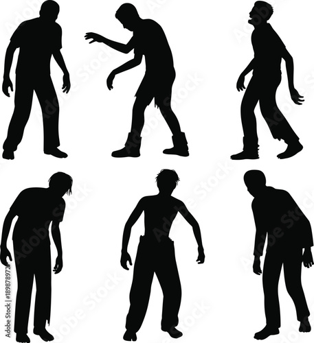 zombie silhouettes cad drawing flat vector illustration, undead standing poses, horror monster characters, halloween apocalypse concept, dark creepy figures