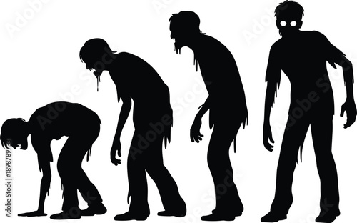 zombie silhouettes cad drawing flat vector illustration, horror undead evolution, creepy monster poses, halloween apocalypse character set, dark, walking, figures
