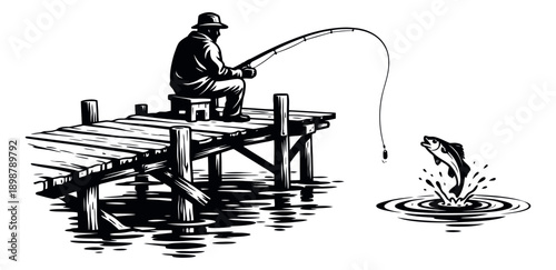 Hand drawn illustration of a man fishing from a wooden pier depicting a fish jumping from the water for outdoor leisure activity