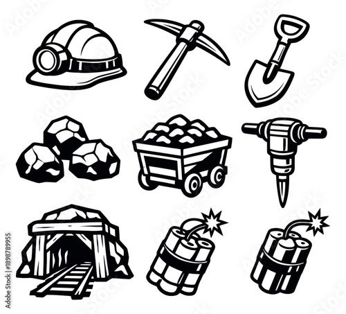 Bold line art mining tools and elements set featuring equipment, coal, a mine, and dynamite for industrial design