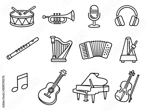 Line art musical instruments set featuring various instruments and accessories for music education and performance