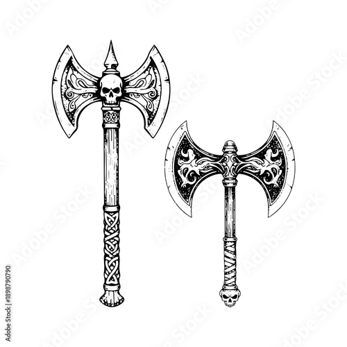 Ornate double headed axes with skulls and Celtic designs