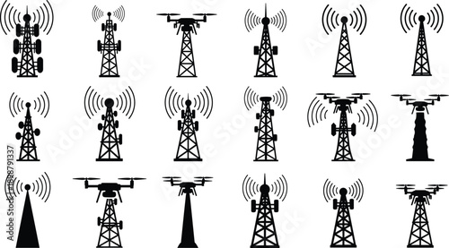 Wireless communication tower silhouettes vector set featuring radio antenna signal transmission drones and telecom infrastructure icons for network technology design
