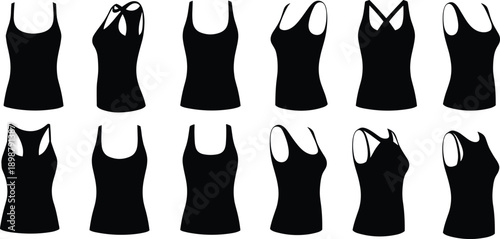 Women Tank Top Silhouette Icon Set Featuring Sleeveless Shirts, Athletic and Casual Tops, Black Vector Female Apparel Icons Isolated on White