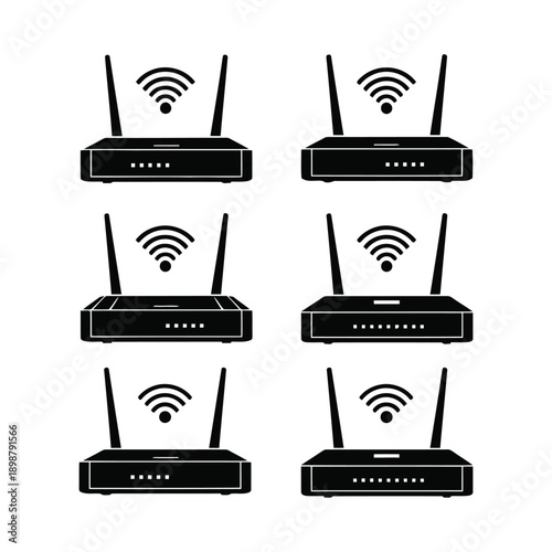 Multiple Wi-Fi routers with antennas on transparent background, grid pattern, illustration