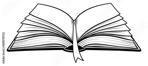 Hand drawn line art illustration of an open book depicting pages spread with a bookmark for education and knowledge