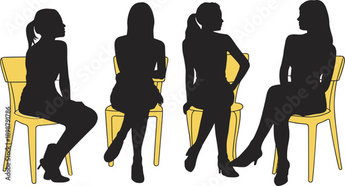 Women sitting on chairs silhouette illustration representing conversation, fashion pose, female group concept, modern lifestyle, vector isolated on white background