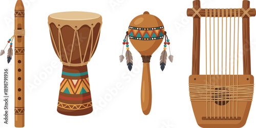 Collection of traditional wooden musical instruments including drum flute maraca and lyre for cultural heritage acoustic music and ethnic rhythm performance concept.