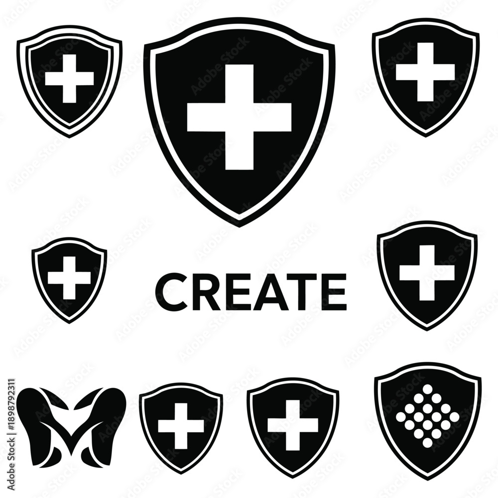 Fototapeta premium Collection of black and white medical shield icons with crosses and patterns in a grid layout