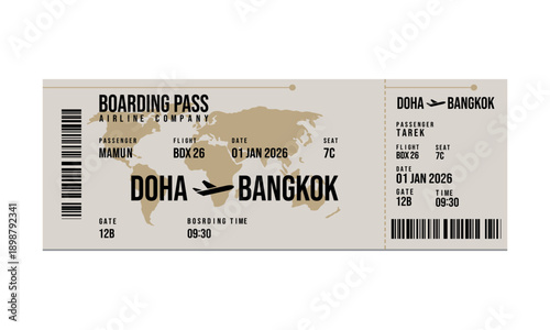 A boarding pass for a flight from Doha to Bangkok on January 1st