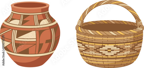 Traditional clay pot with geometric patterns and woven wicker basket with handle for cultural heritage craft, ethnic decoration and rural handmade object concept.