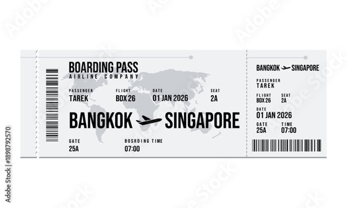 A boarding pass for a flight from Bangkok to Singapore on January 1st