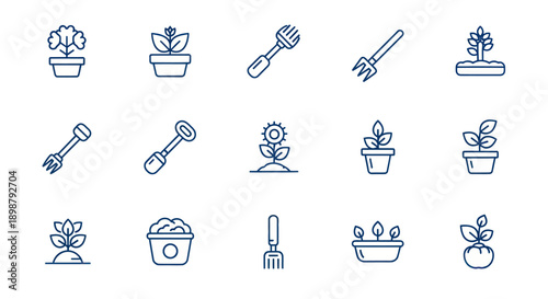 Gardening tools and plants outline illustration