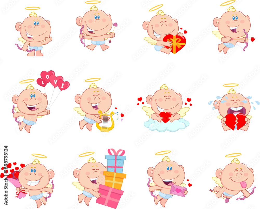 Fototapeta premium Funny Cupid Baby Cartoon Character In Different Poses - Vector Hand Drawn Collection Set Isolated On Transparent Background