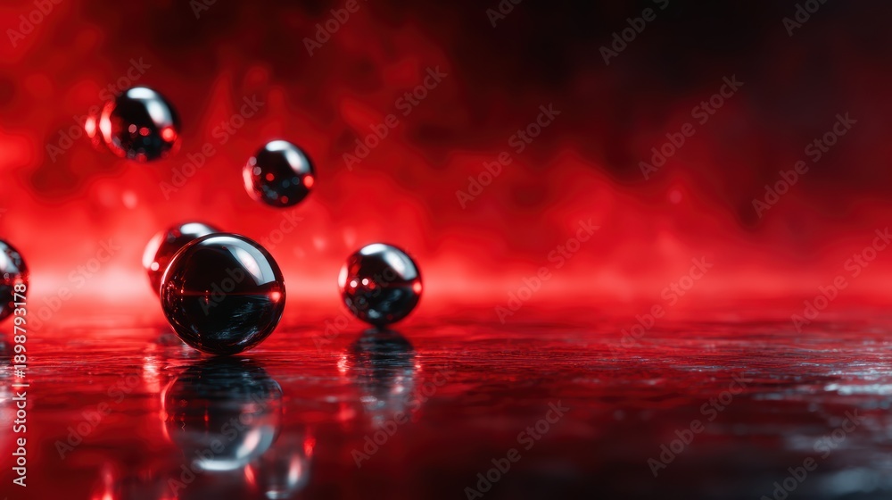 Fototapeta premium Glossy black spheres reflecting light against a vibrant red background, creating a striking abstract composition that evokes curiosity and energy.