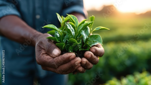 A close-up of hands gently cradling freshly picked tea leaves in a lush green field, symbolizing connection to nature and the rewarding work of farming.