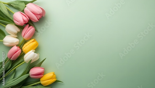 A bouquet of colorful tulips on a soft green background with empty space for text