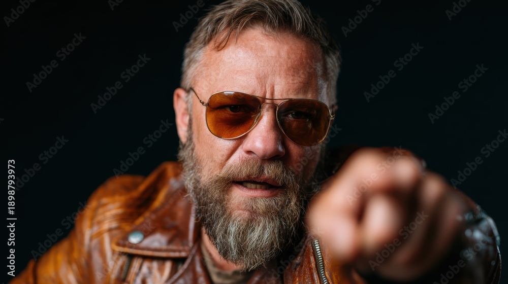 Obraz premium A rugged man with a beard and sunglasses points assertively while wearing a brown leather jacket, presenting a strong and commanding presence, set against a dark background.