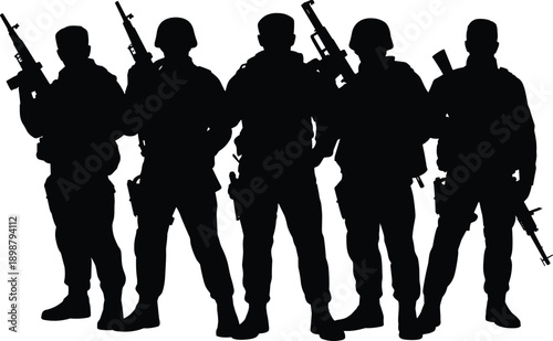 military soldiers silhouette, armed forces team, security cad drawing, flat vector illustration, combat readiness, defense concept, tactical unit formation standing