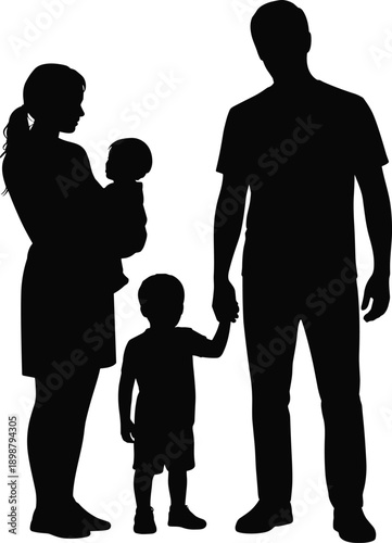 family silhouette cad drawing flat vector illustration, parents with children, motherhood fatherhood concept, love care, parenting lifestyle, happy home bonding
