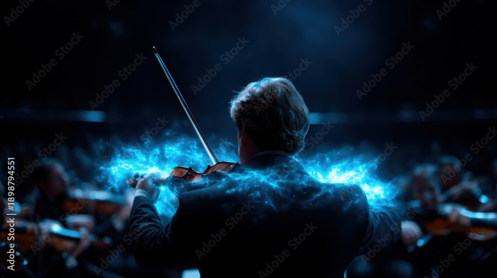 Fototapeta premium A captivating moment of a conductor leading an orchestra, with dynamic energy and a mystical aura surrounding, representing the power of music and collective passion in performance.