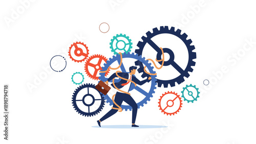 Businessman running and caught in ropes within large complex gear system representing industrial workflow and task management.
