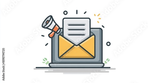 Email marketing concept, laptop with envelope and megaphone isolated on White Background
