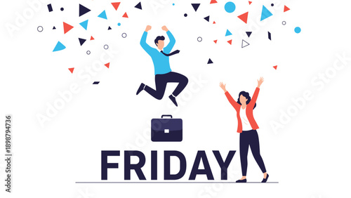 Excited businessman and businesswoman jumping for joy over large Friday text with colorful confetti celebrating end of week.