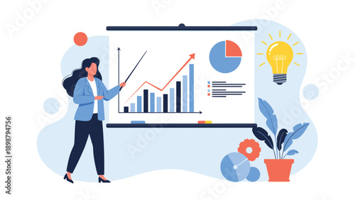 Businesswoman giving presentation with charts and rising arrows on whiteboard next to lightbulb icon for creative growth ideas.