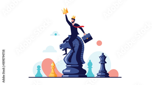 Successful businessman riding giant chess knight piece and holding crown representing strategic victory and leadership in competition.