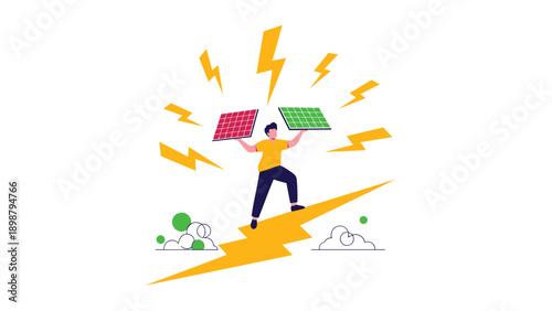 Energetic man standing on large yellow lightning bolt holding two solar panels representing fast transition to clean renewable energy.