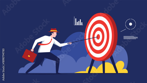 Focused businessman pulling arrow with rope towards center of giant red target for precise goal setting and marketing success.
