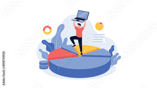Confident professional holds a laptop high while standing on a 3d pie chart to represent data analysis and market share domination.